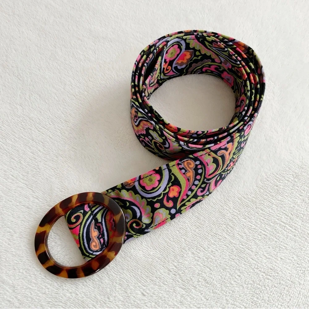 Talbots Paisley Cotton Ribbon Belt Oval Faux Tortoiseshell Buckle M